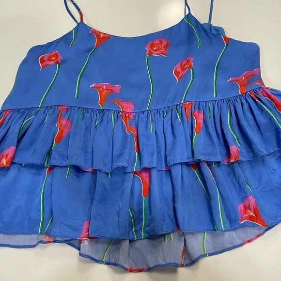 Caroline Constas Silk Top Med Softgirl Nadine Ruffle Floral Tank Print Blue - Picture 8 of 13